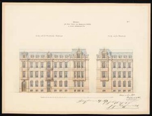 Wohnhaus Baron Huppmann Valbella I, Berlin-Mitte: Ansicht von der Kirchstraße, Ansicht von der Mittelstraße 1:100