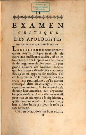 Examen critique des apologistes de la religion chretienne