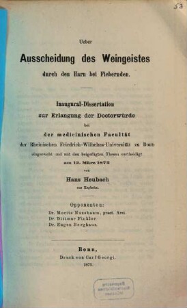 Ueber Ausscheidung des Weingeistes durch den Harn bei Fiebernden