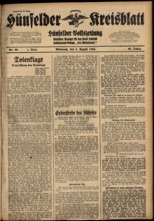 Erste Ausgabe vom Mittwoch, den 08. August 1934.