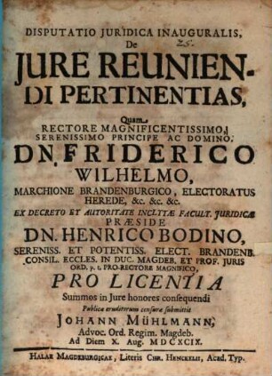 Disputatio Juridica Inauguralis, De Jure Reuniendi Pertinentias