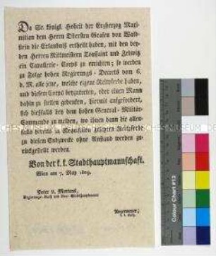 Bekanntmachung der Wiener Stadthauptmannschaft über Requirierung von Reitpferden für das neue Kavalleriekorps