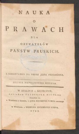 Nauka O Prawach Dla Obywatelów Państw Pruskich : Z Niemieckiego Na Polski Język Przełożona