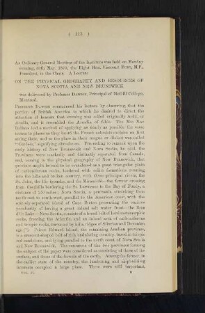 On the Physical Geography and Resources of Nova Scotia and New Brunswick.