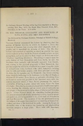 On the Physical Geography and Resources of Nova Scotia and New Brunswick.