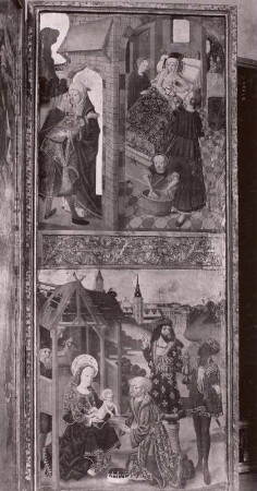 Heilig-Geist-Hospitalkirche, Flügel eines Schrein mit Doppelflügeln. Darstellung, oben: Begegnung an der Goldenen Pforte, Geburt Maria; unten: Anbetung der heiligen drei Könige
