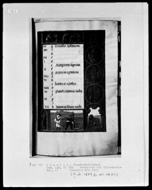 Gebetbuch mit Kalendarium — Buchseite mit Monatsbild Juli und Tierkreiszeichen, Folio 11recto
