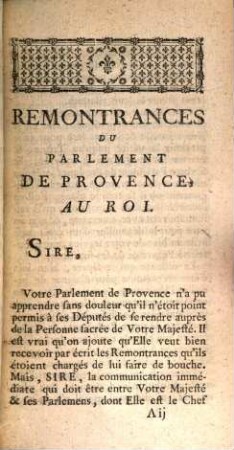 Remontrances Du Parlement De Provence Au Roi