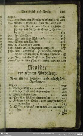 Register zur zehnten Abtheilung. Von einigen wenigen und nöthigsten Confituren