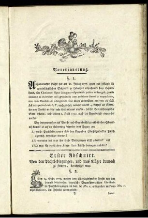 Erster Abschnitt. Von den Pachtbedingungen, und was Kläger darnach zu fordern, berechtiget war.
