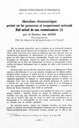 459-478, Aberrations chromosomiques portant sur les gonosomes et comportement antisocial. Etat actuel de nos connaissances