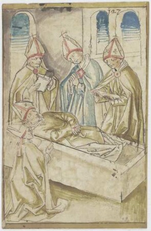Vier Geistliche, betend um einen Sarg stehend (Der Tod des Heiligen Ulrich)