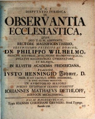 Dispvtatio Ivridica De Observantia Ecclesiastica