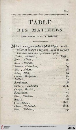 Table des matières contenues dans ce volume