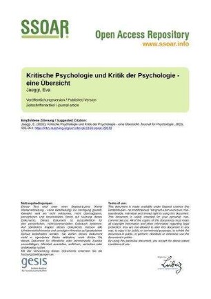 Kritische Psychologie und Kritik der Psychologie - eine Übersicht