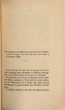 Sur la différence de longitude entre les observatoires de Leyde et de Bruxelles, au mois d'août et de septembre 1868. Sur les chutes d' aérolithes en 1868. Météore observé a Bruxelles dans la nuit du 7 au 8 octobre 1868