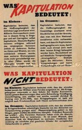Illustriertes Abwurf-Flugblatt der Alliierten zur Behandlung von Soldaten nach der Kapitulation