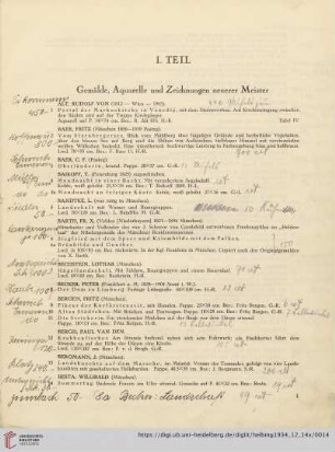 I. Teil: Gemälde, Aquarelle und Zeichnungen neuerer Meister (Nr. 1-209)