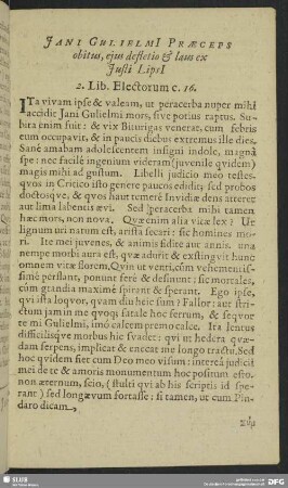 Jani Gulielmi Praeceps obitus, ejus defletio & laus ex Justi Lipsi