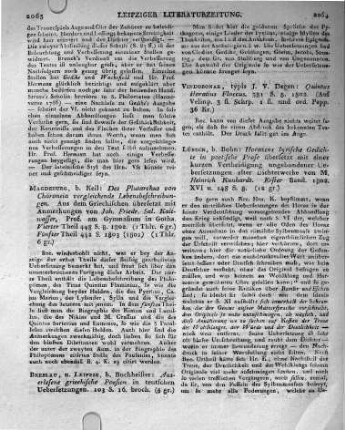 Magdeburg, b. Keil: Des Plutarchus von Chäroneia vergleichende Lebensbeschreibungen. Aus dem Griechischen übersetzt mit Anmerkungen von Joh. Friedr. Sal. Kaltwasser, Prof. am Gymnasium in Gotha. Vierter Theil 448 S. 8. 1802. Fünfter Theil 442 S. 1803 (1802)