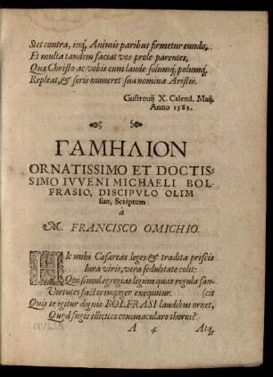 Gamēlion Orantissimo Et Doctissimo Iuveni Michaeli Bolfrasio ...