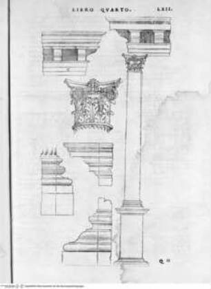 Regole generali di architettura di Sabastiano Serlio bolognese sopra le cinque maniere degli edifici, ... (4. Buch), Folio LXII: Kompositordnung, Säule, Details