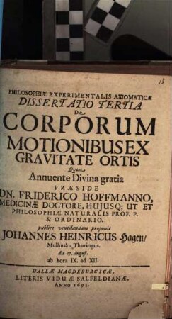 Philosophiae experimentalis axiomaticae diss. III., de corporum motionibus, ex gravitate ortis