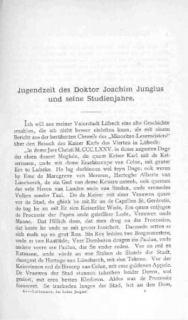 Jugendzeit des Doktor Joachim Jungius und seine Studienjahre.