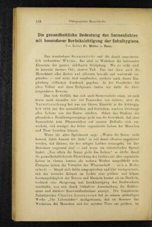 ¬Die¬ gesundheitliche Bedeutung des Sonnenlichtes mit besonderer Berücksichtigung der Schulhygiene