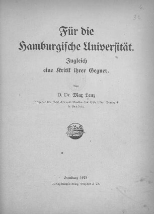 Für die Hamburgische Universität : zugleich eine Kritik ihrer Gegner
