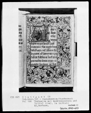Lateinisches Stundenbuch (Sachsenheim-Gebetbuch) — Textseite mit historisierter Initiale und Drolerien, Folio 168recto