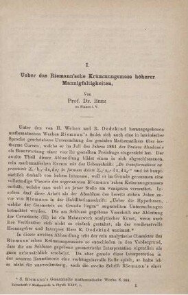 I. Ueber das Riemann'sche Krümmungsmass höherer Mannigfaltigkeiten.