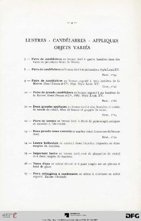 Lustres - Candélabres - Appliques - Objets Variés (Nr. 7-17)