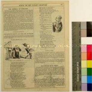 Seite aus dem "Punch" mit Karikaturen und Gedicht auf Friedrich August II. König von Sachsen, der falsche Juwelen gekauft hatte, sowie auf die Eröffnung des neuen Royal Exchange Gebäudes in London (in englischer Sprache)