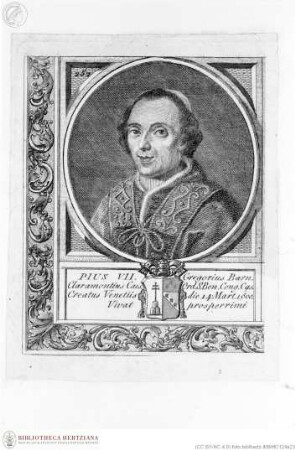Unbekannte Sammlung numerierter Papstbildnisse in rundem Medaillon über wappenbewehrter Inschrift, mit Zierleiste in Akanthusornamentik, Pius VII., Papst, Porträt