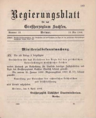 45. Ministerialbekanntmachung, betreffend Vorschriften für das Verfahren der Ärzte bei den gerichtlichen Untersuchungen menschlicher Leichen