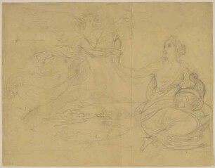 Allegorische Figur mit Füllhorn und geflügelte Figur