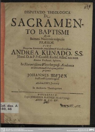 Disputatio theologica de sacramento baptismi