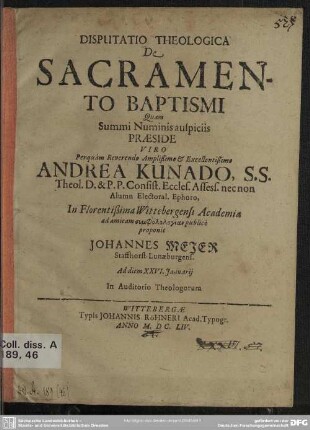 Disputatio theologica de sacramento baptismi