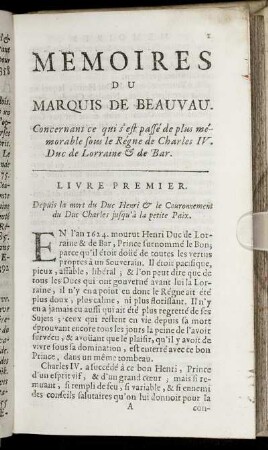 Livre Premier. Depuis la mort du Duc Henri & le Couronnement du Duc Charles jusqu' à la petite Paix