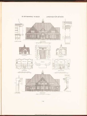 Irrenhaus, Berlin-Buch: Grundriss EG, 1.OG, Vorderansicht, Rückansicht, Seitenansicht, Querschnitt, Details Landhaus für Männer (aus: Neubauten der Stadt Berlin, Bd. VII, 1908)