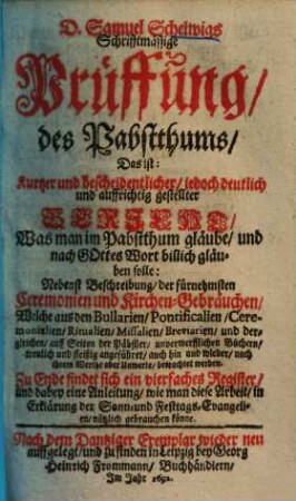 Schrifftmässige Prüffung des Pabstthums