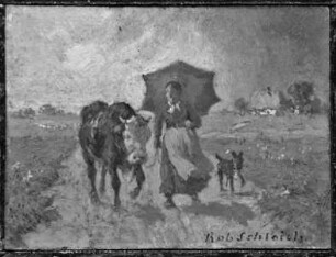 Bäuerin mit Kuh und Hund unter rotem Sonnenschirm auf der Landstraße