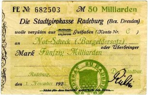 Not-Scheck (Bargeldersatz) über Fünfzig Milliarden Mark