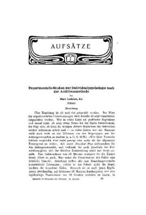 Experimentelle Studien zur Individualpsychologie nach der Additionsmethode : (Schluss)