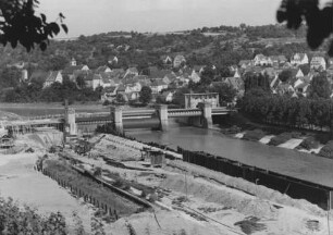 Schleusenbaustelle und fertiges Wehr Hofen/Neckar