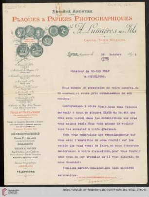 Briefe von Antoine Lumière an Max Wolf: Brief von Antoine Lumière von Société Anonyme des Plaques & Papiers Photographiques A. Lumière et Ses Fils (Lyon) an Max Wolf