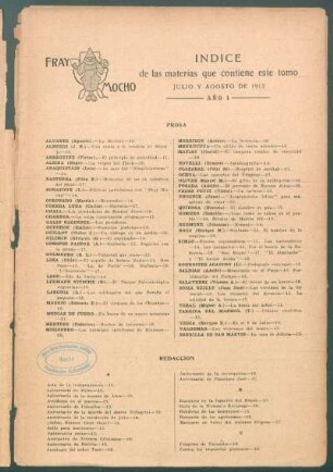 Indice de las materias que contiene este tomo : Julio y Agosto de 1912 - Año I -