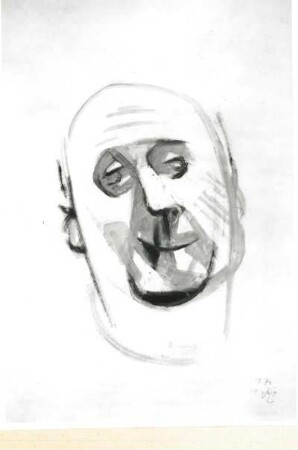 Kinder, Hans: Männerkopf (Gesicht mit lächelndem Mund). 1964. Pinsel, Deckfarben auf Zeichenpapier; 59,5 x 42,1 cm. Dresden: Kupferstich-Kabinett C 1981-303, BAE 433