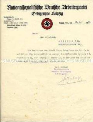 Schreiben der NSDAP-Ortsgruppe Leipzig zur Übermittlung eines Gesprächstermins